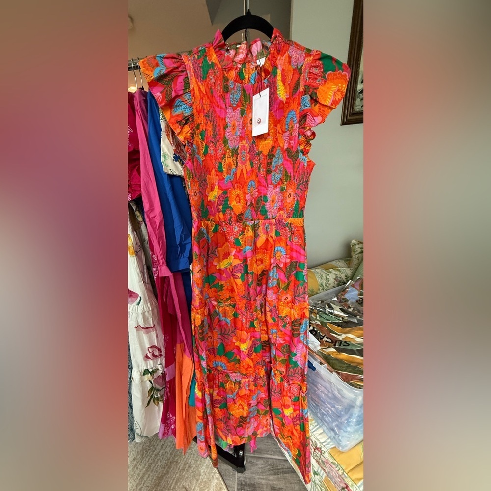 SugarLips Idalia Floral Smocked Midi Dress Orange Mutli - Picture 6 of 7